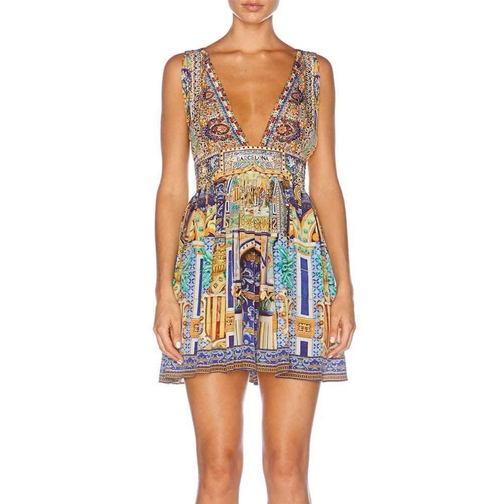 Camilla Embellished Silk V Neck Short Dress With Tie El Flechazo Barcelona